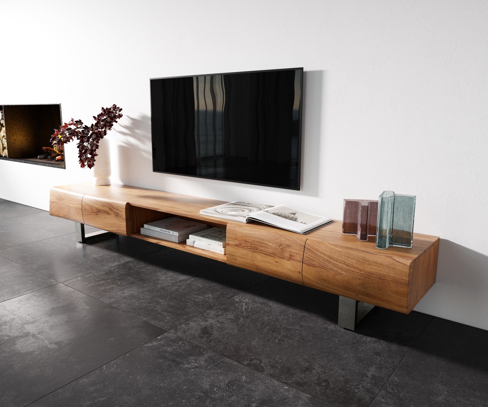 TV Stand New Live-Edge 240cm 4 Doors 1 Compartment Acacia Wood Natural Square Feet Silver