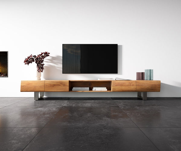 TV Stand New Live-Edge 240cm 4 Doors 1 Compartment Acacia Wood Natural Square Feet Silver