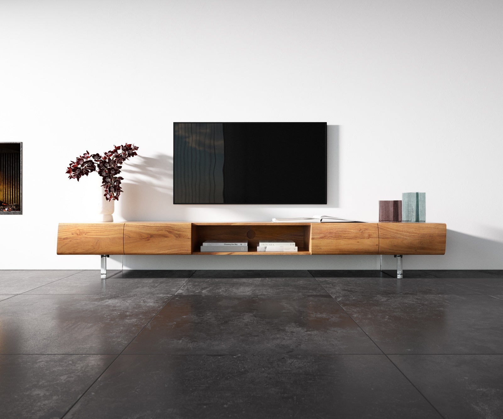TV Stand New Live-Edge 240cm 4 Doors 1 Compartment Acacia Wood Natural Acryl Feet