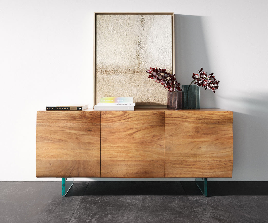 Sideboard New Live-Edge 145cm 3 Doors Acacia Wood Natural Glass Feet