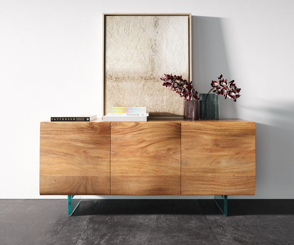 Sideboard New Live-Edge 145cm 3 Doors Acacia Wood Natural Glass Feet