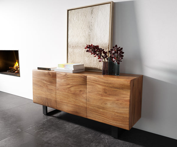 Sideboard New Live-Edge 145cm 3 Doors Acacia Wood Natural Square Feet Black