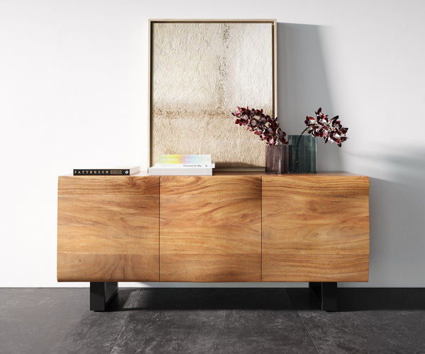 Sideboard New Live-Edge 145cm 3 Doors Acacia Wood Natural Square Feet Black
