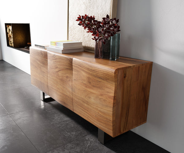 Sideboard New Live-Edge 145cm 3 Doors Acacia Wood Natural Square Feet Silver