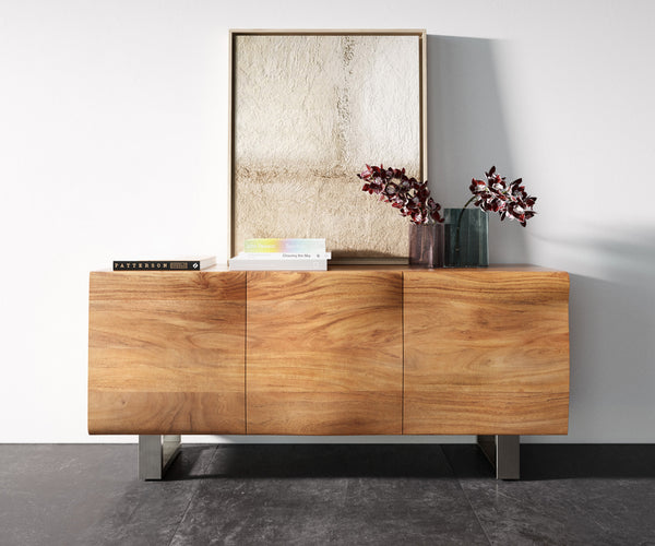 Sideboard New Live-Edge 145cm 3 Doors Acacia Wood Natural Square Feet Silver