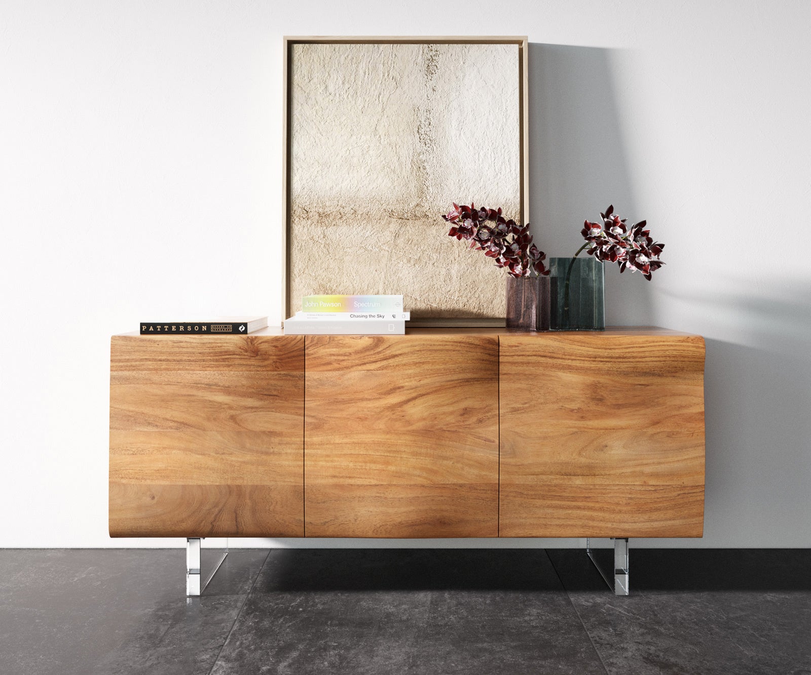Sideboard New Live-Edge 145cm 3 Doors Acacia Wood Natural Acryl Feet