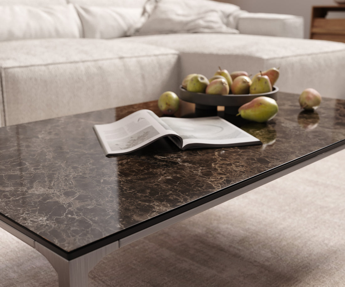 Rectangular Coffee Table Levente 110x60cm Ceramic Emperador Extra Lucidato Brown Metal Frame Silver