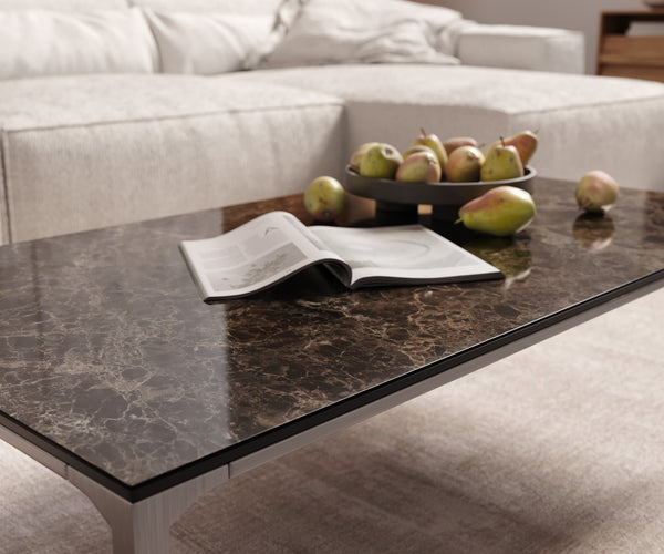 Rectangular Coffee Table Levente 110x60cm Ceramic Emperador Extra Lucidato Brown Metal Frame Silver
