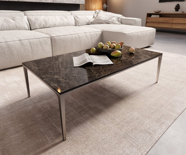 Rectangular Coffee Table Levente 110x60cm Ceramic Emperador Extra Lucidato Brown Metal Frame Silver