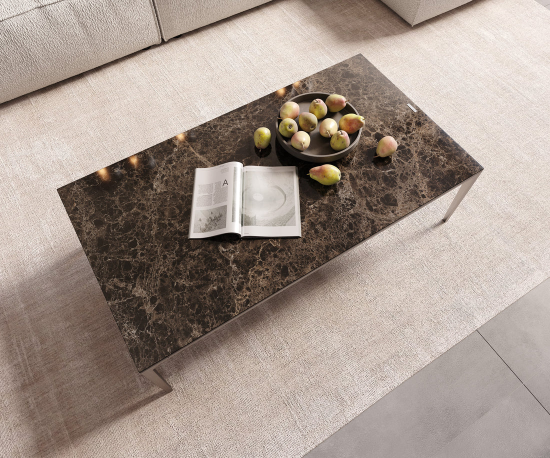 Rectangular Coffee Table Levente 110x60cm Ceramic Emperador Extra Lucidato Brown Metal Frame Silver