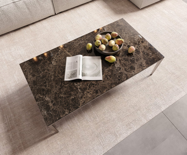 Rectangular Coffee Table Levente 110x60cm Ceramic Emperador Extra Lucidato Brown Metal Frame Silver