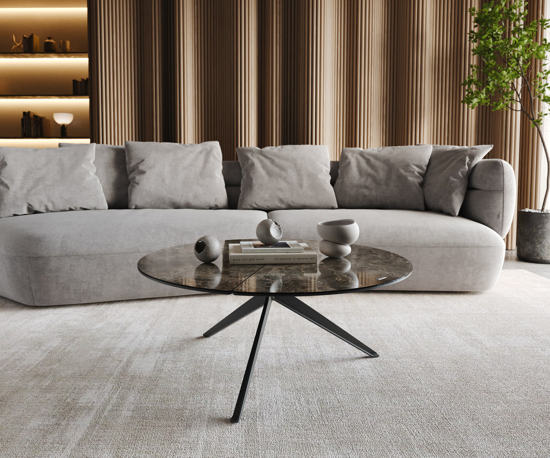 Coffee Table Delron 90x90cm Ceramic Emperador Extra Lucidato Brown Metal Frame Black