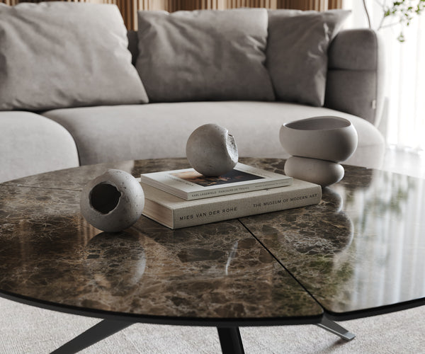 Coffee Table Delron 90x90cm Ceramic Emperador Extra Lucidato Brown Metal Frame Black