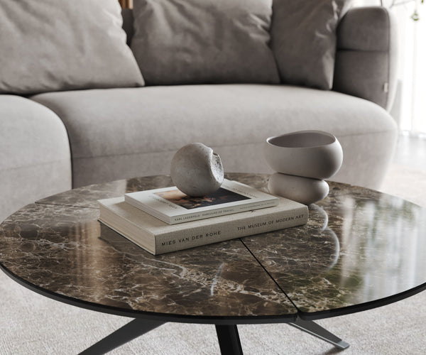 Coffee Table Delron 70x70cm Ceramic Emperador Extra Lucidato Brown Metal Frame Black