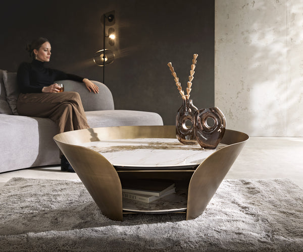 Coffee Table Skafi 100x41cm Ceramic Minas Melange Beige Metal Frame Gold