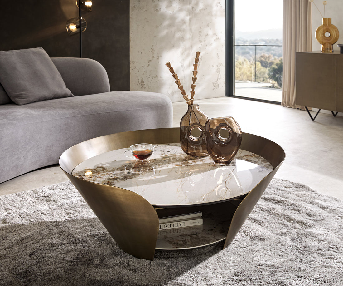 Coffee Table Skafi 100x41cm Ceramic Minas Melange Beige Metal Frame Gold