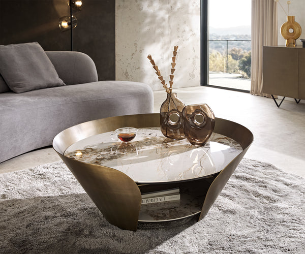 Coffee Table Skafi 100x41cm Ceramic Minas Melange Beige Metal Frame Gold