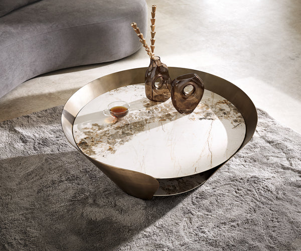 Coffee Table Skafi 100x41cm Ceramic Minas Melange Beige Metal Frame Gold