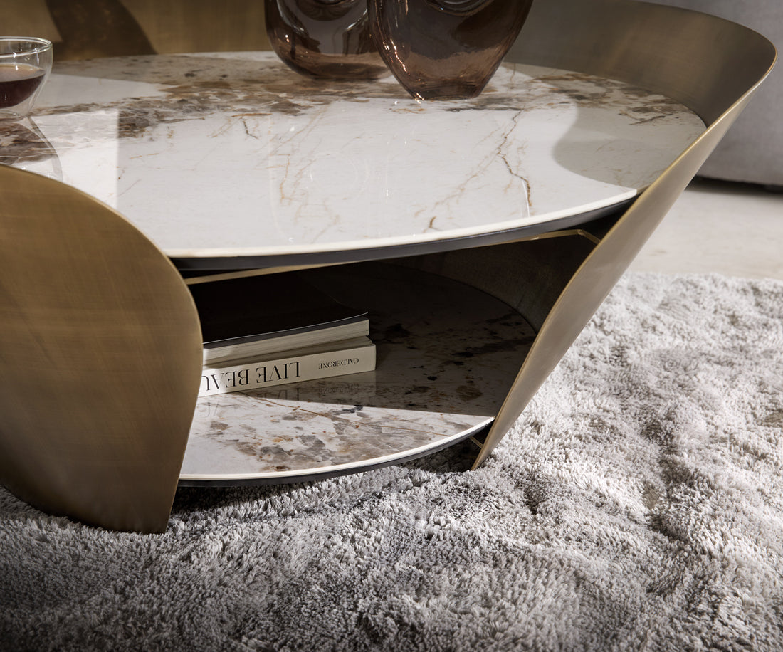 Coffee Table Skafi 100x41cm Ceramic Minas Melange Beige Metal Frame Gold