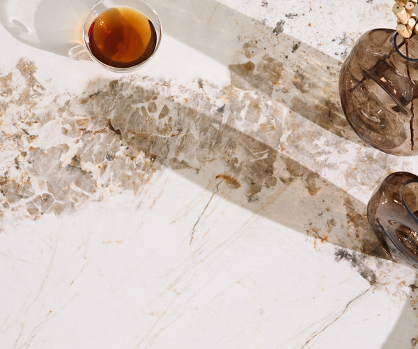 Coffee Table Skafi 100x41cm Ceramic Minas Melange Beige Metal Frame Gold