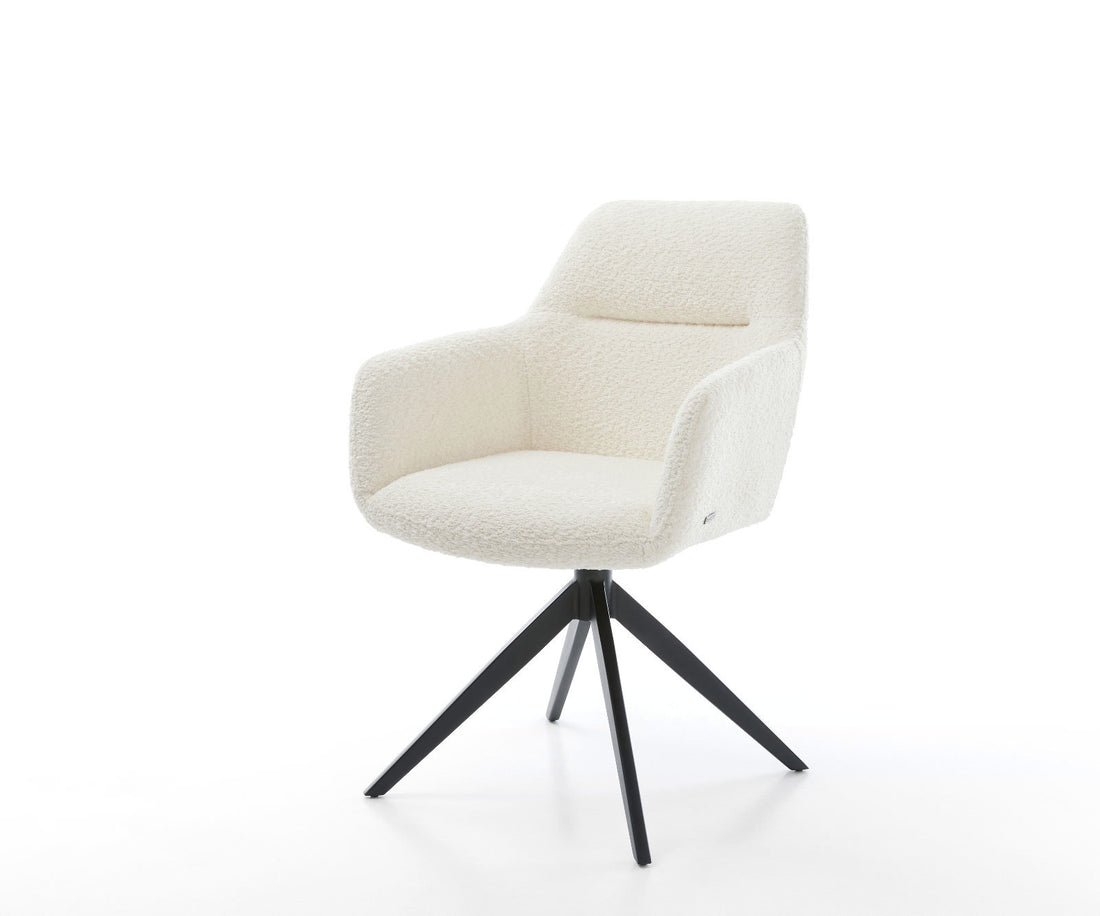 Dining Chair Pejo Bouclé White Cross Base 360° Swivel With Rocking Function Black Pocket Springs
