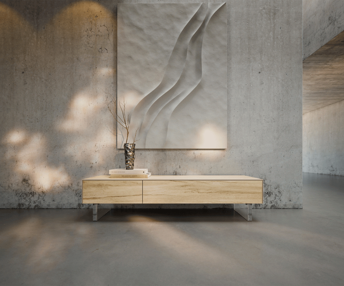 TV Stand Cuor 150cm Ceramic Sabbia Oak 1 Flap Door 1 Drawer Acryl Feet