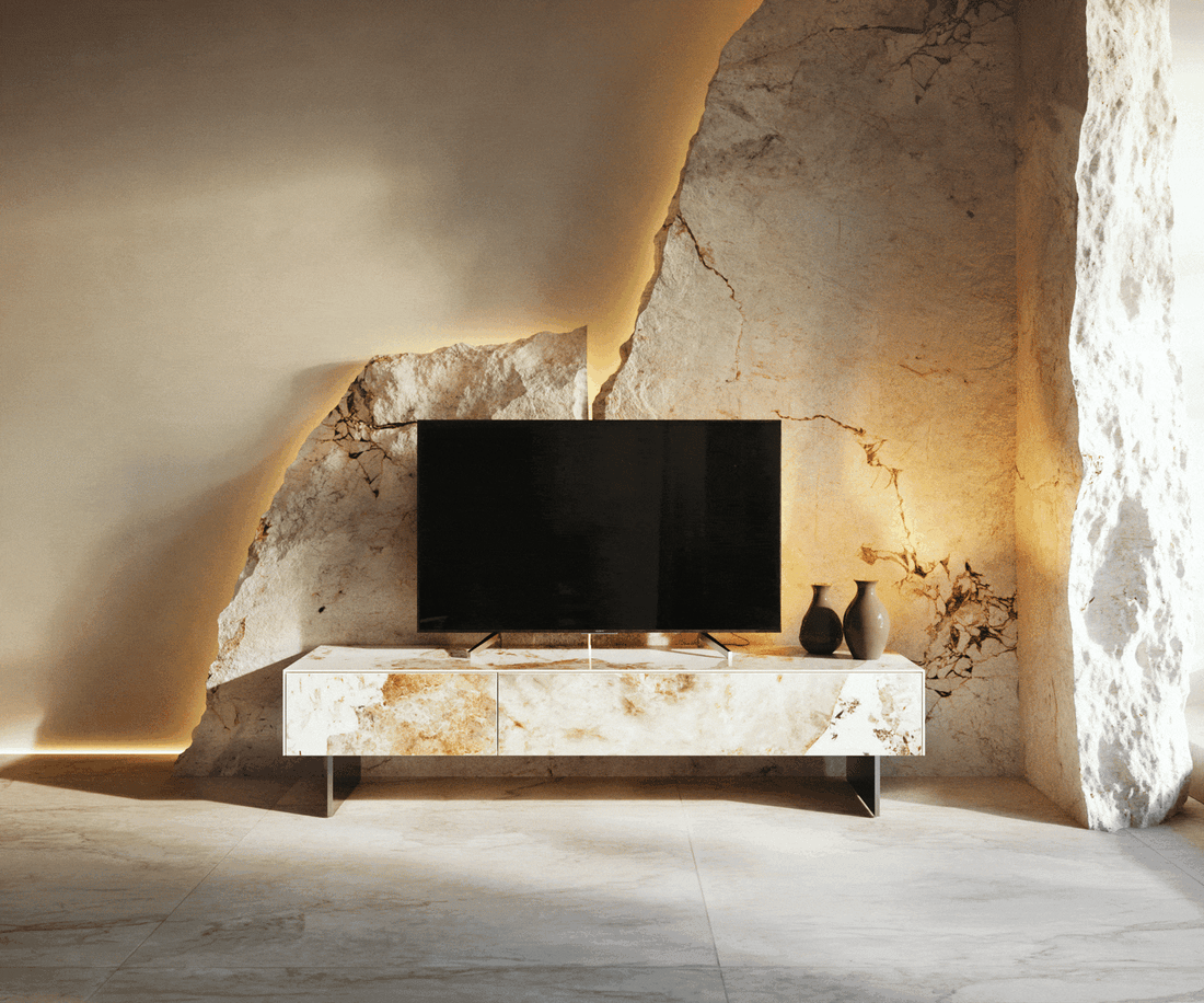 TV Stand Cuor 150cm Ceramic Minas Melange 1 Flap Door 1 Drawer Narrow Feet Silver