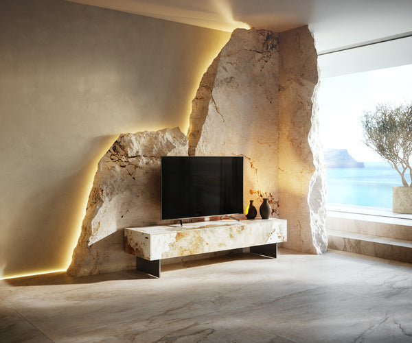 TV Stand Cuor 150cm Ceramic Minas Melange 1 Flap Door 1 Drawer Narrow Feet Silver