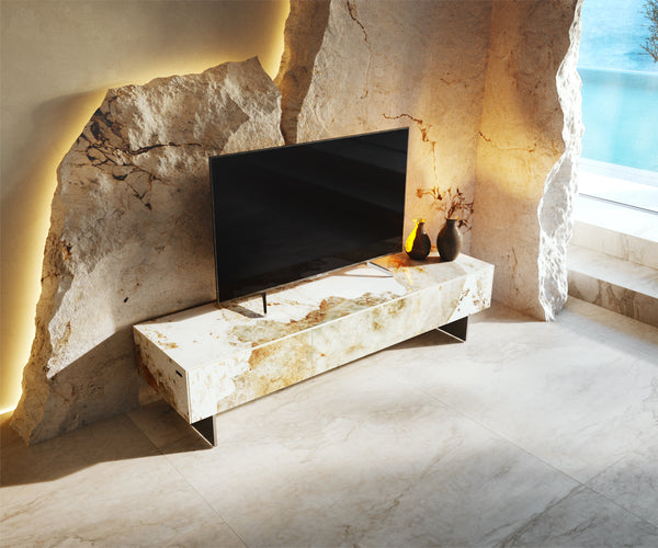 TV Stand Cuor 150cm Ceramic Minas Melange 1 Flap Door 1 Drawer Narrow Feet Silver