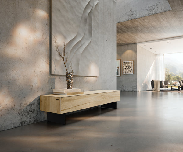 TV Stand Cuor 150cm Ceramic Sabbia Oak 1 Flap Door 1 Drawer Narrow Feet Black