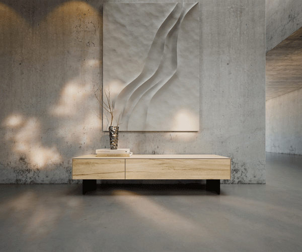 TV Stand Cuor 150cm Ceramic Sabbia Oak 1 Flap Door 1 Drawer Narrow Feet Black