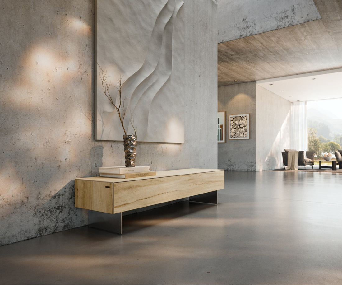 TV Stand Cuor 150cm Ceramic Sabbia Oak 1 Flap Door 1 Drawer Narrow Feet Silver