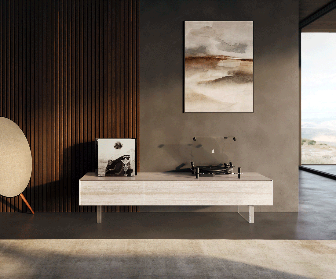 TV Stand Cuor 150cm Ceramic Travertino Bianco 1 Flap Door 1 Drawer Acryl Feet