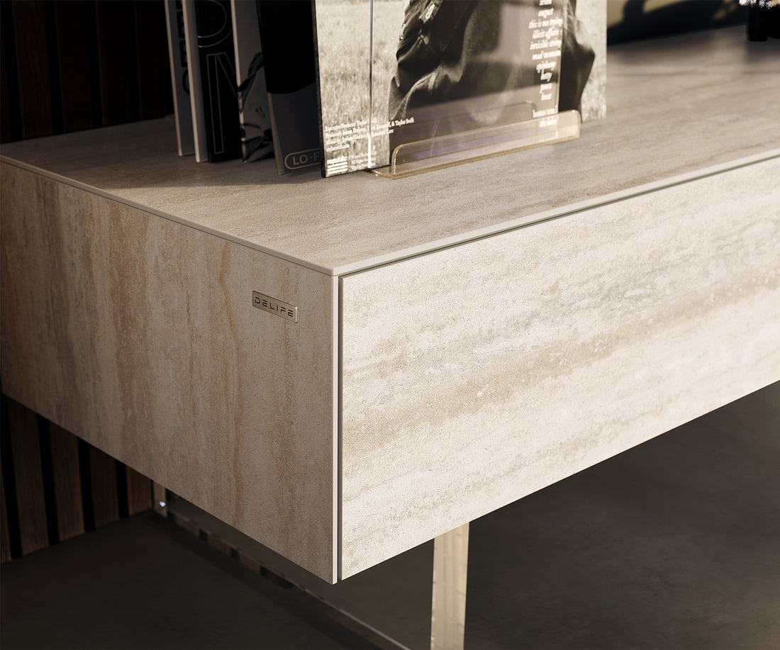 TV Stand Cuor 150cm Ceramic Travertino Bianco 1 Flap Door 1 Drawer Acryl Feet