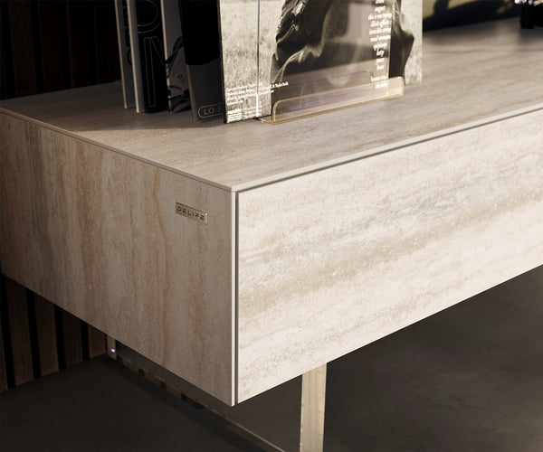 TV Stand Cuor 150cm Ceramic Travertino Bianco 1 Flap Door 1 Drawer Acryl Feet