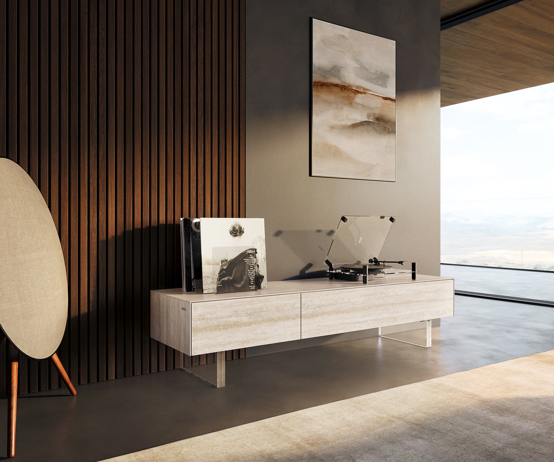 TV Stand Cuor 150cm Ceramic Travertino Bianco 1 Flap Door 1 Drawer Acryl Feet