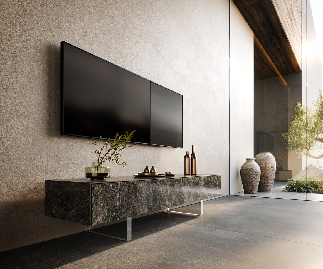 TV Stand Cuor 150cm Ceramic Emperador Extra Lucidato 1 Flap Door 1 Drawer Acryl Feet