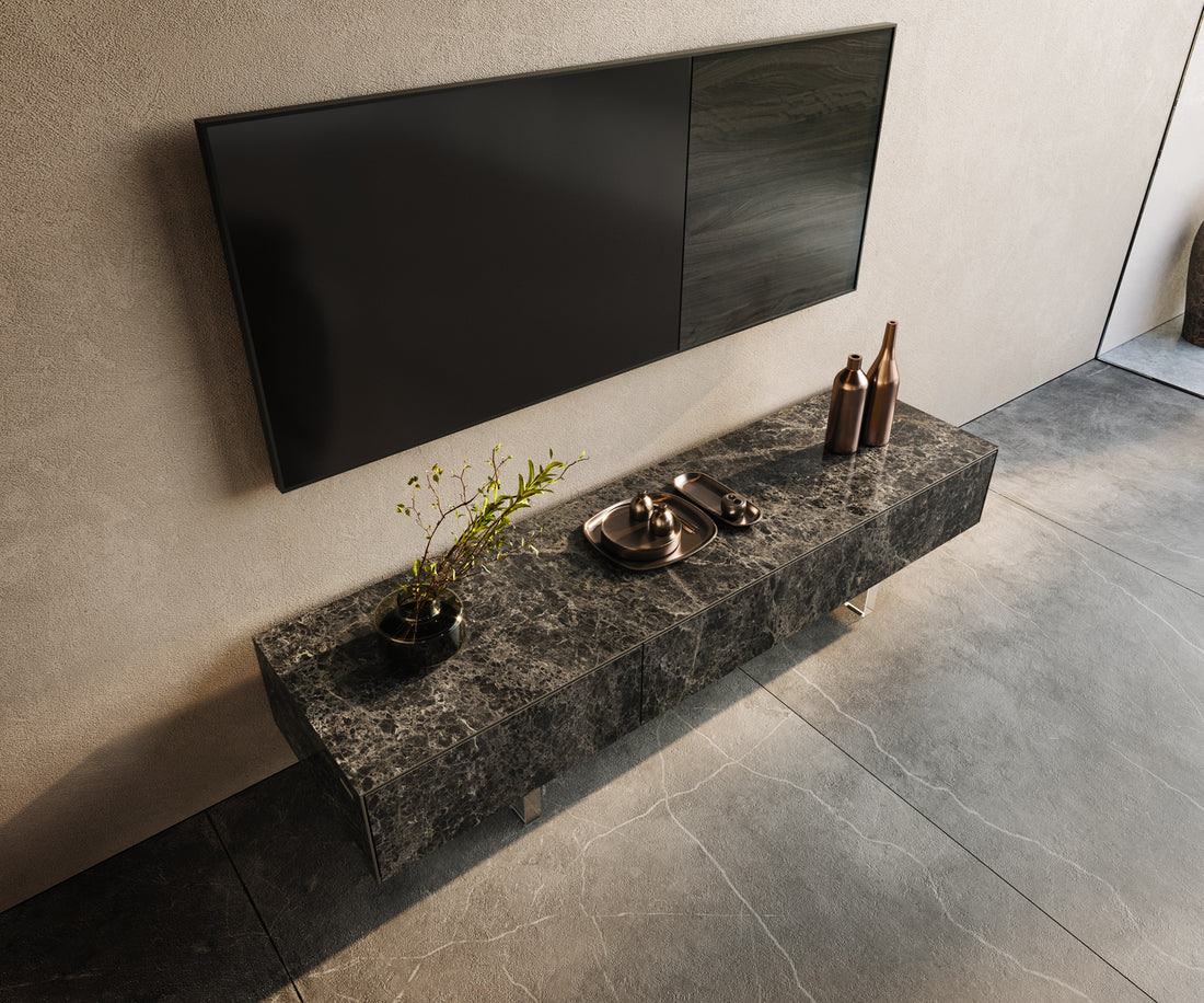 TV Stand Cuor 150cm Ceramic Emperador Extra Lucidato 1 Flap Door 1 Drawer Acryl Feet