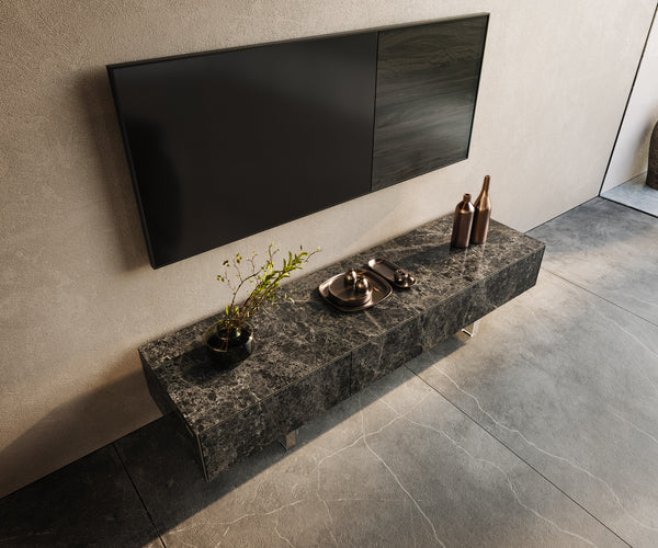 TV Stand Cuor 150cm Ceramic Emperador Extra Lucidato 1 Flap Door 1 Drawer Acryl Feet