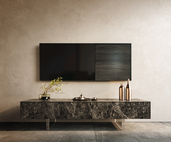 TV Stand Cuor 150cm Ceramic Emperador Extra Lucidato 1 Flap Door 1 Drawer Acryl Feet