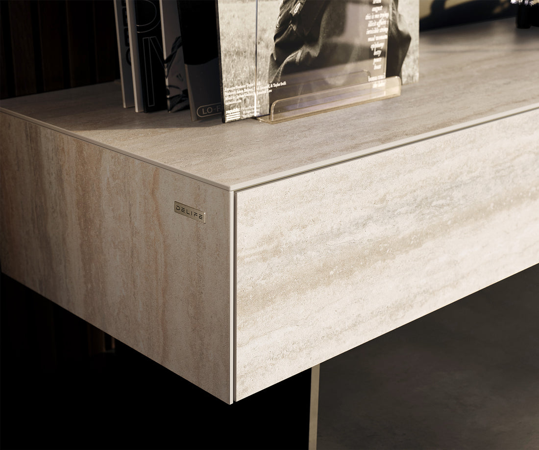 TV Stand Cuor 150cm Ceramic Travertino Bianco 1 Flap Door 1 Drawer Narrow Feet Black