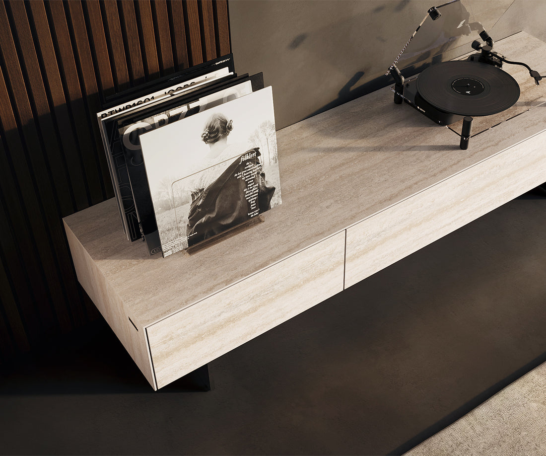 TV Stand Cuor 150cm Ceramic Travertino Bianco 1 Flap Door 1 Drawer Narrow Feet Black