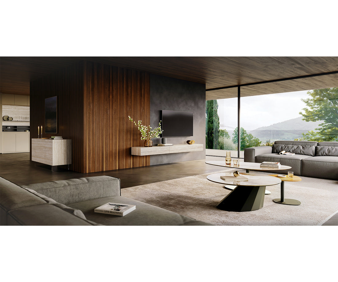 TV Stand Cuor 150cm Ceramic Travertino Bianco 1 Flap Door 1 Drawer Narrow Feet Black