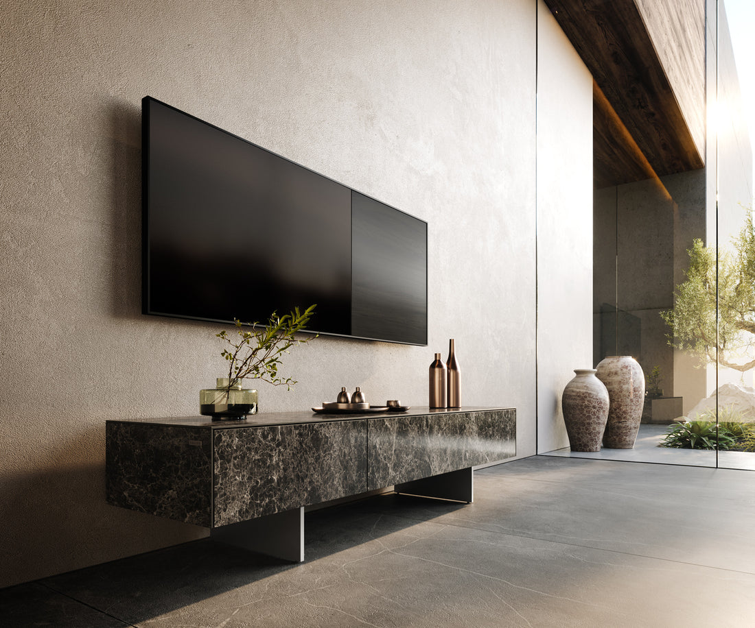 TV Stand Cuor 150cm Ceramic Emperador Extra Lucidato 1 Flap Door 1 Drawer Narrow Feet Silver