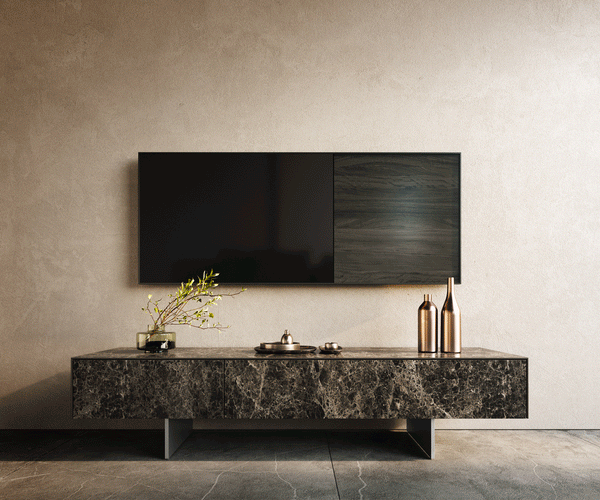 TV Stand Cuor 150cm Ceramic Emperador Extra Lucidato 1 Flap Door 1 Drawer Narrow Feet Silver