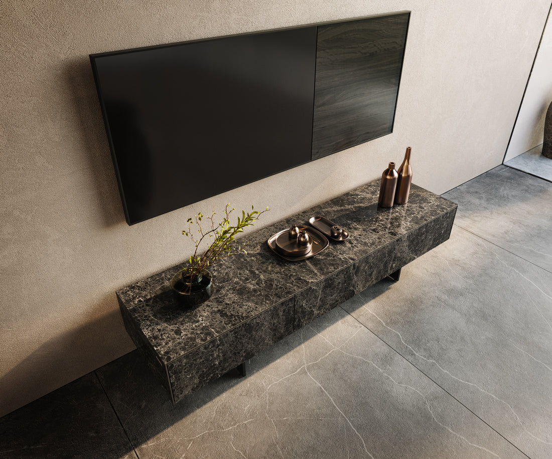 TV Stand Cuor 150cm Ceramic Emperador Extra Lucidato 1 Flap Door 1 Drawer Narrow Feet Black