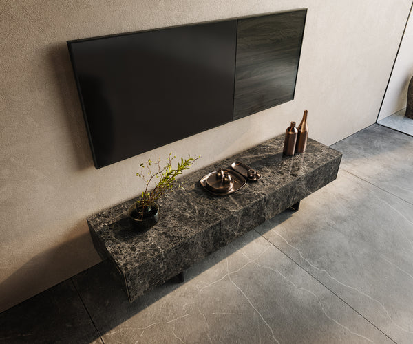 TV Stand Cuor 150cm Ceramic Emperador Extra Lucidato 1 Flap Door 1 Drawer Narrow Feet Black