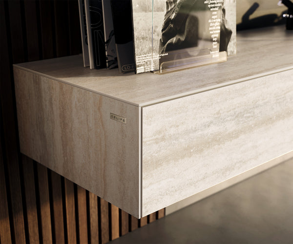 Floating TV Stand Cuor 150cm Ceramic Travertino Bianco 1 Flap Door 1 Drawer