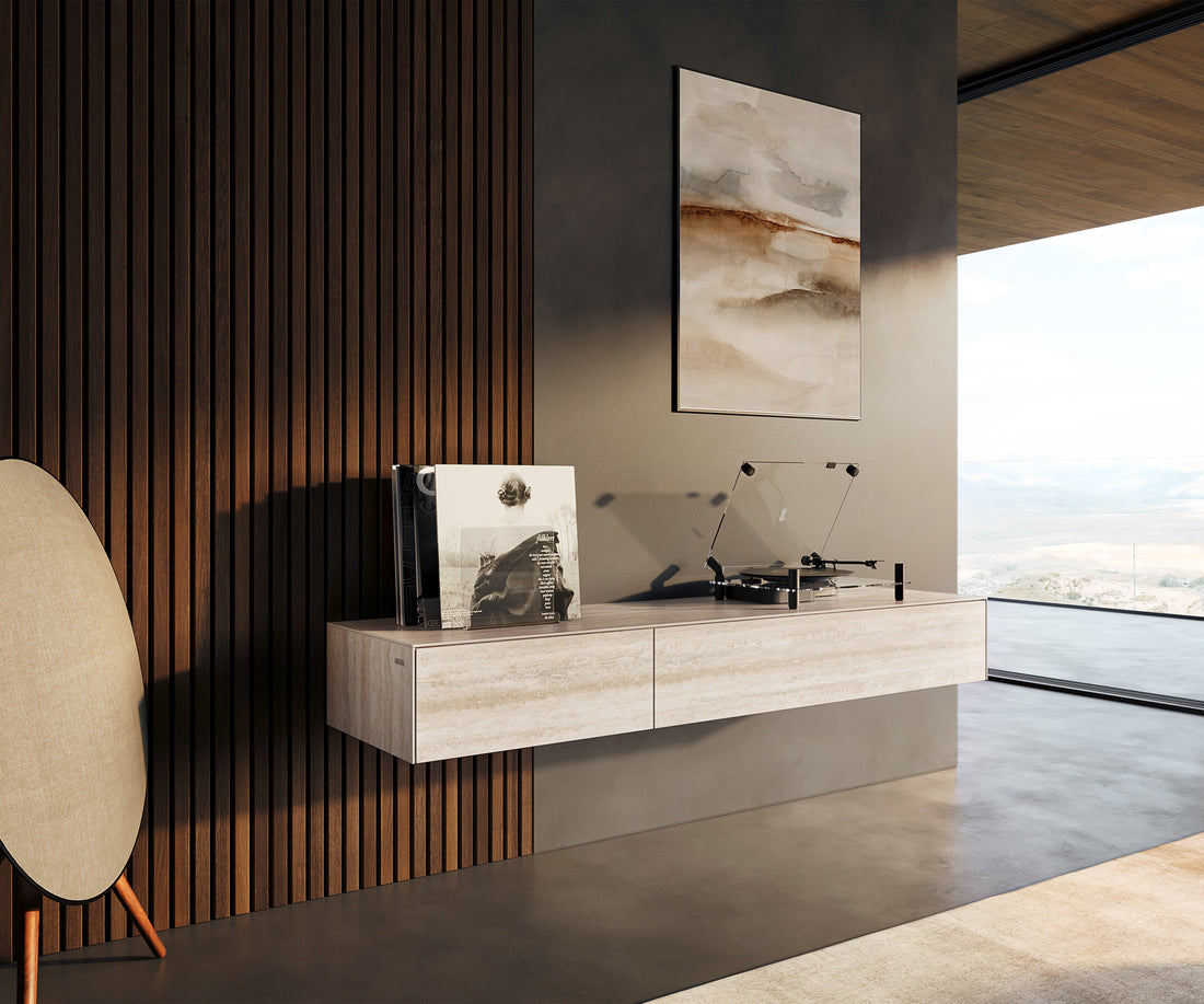 Floating TV Stand Cuor 150cm Ceramic Travertino Bianco 1 Flap Door 1 Drawer