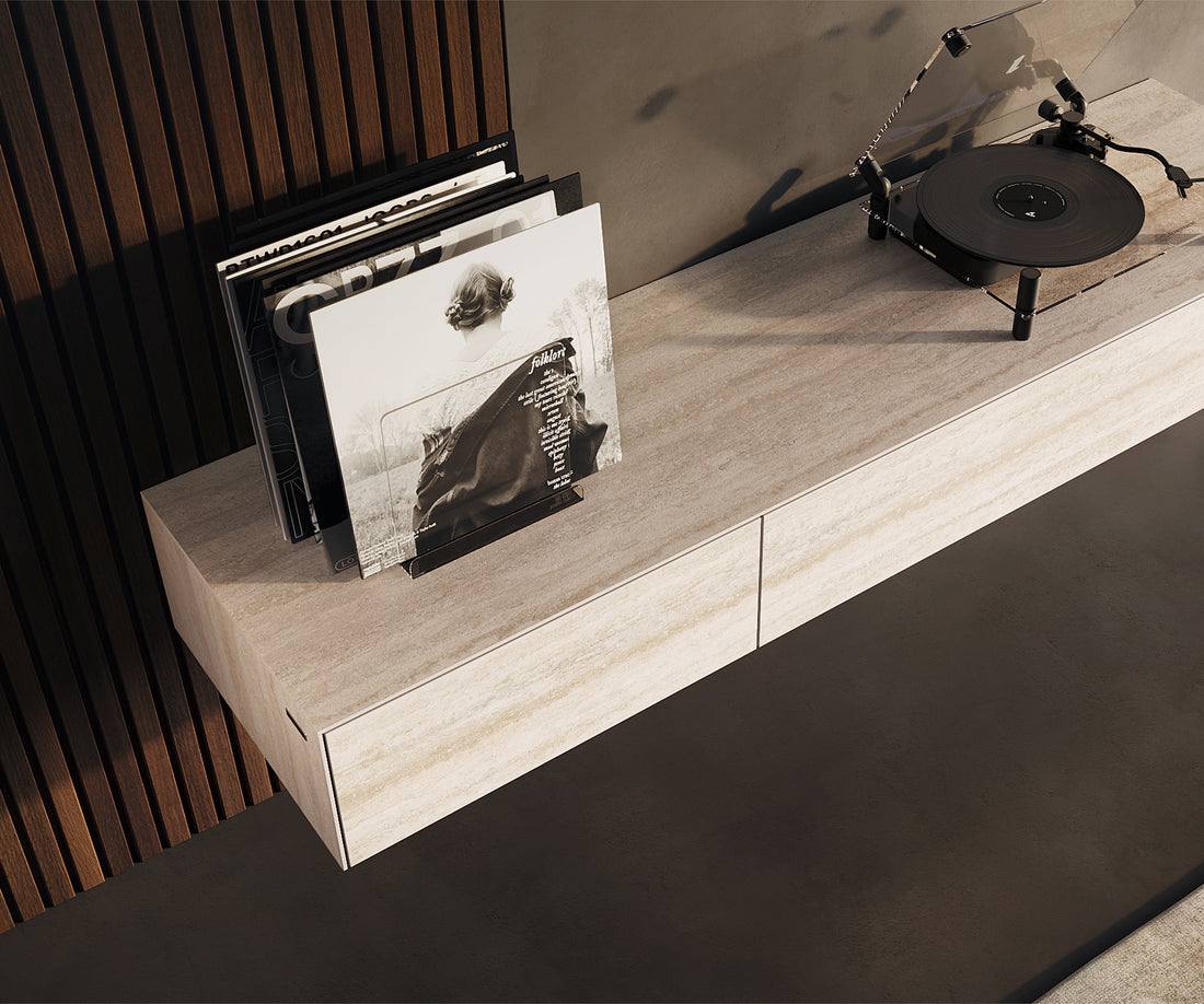 Floating TV Stand Cuor 150cm Ceramic Travertino Bianco 1 Flap Door 1 Drawer